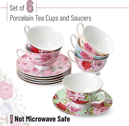 BTaT- Floral Tea Cups and Saucers, 8 oz, Fine Porcelain Teacup Set - Image 2