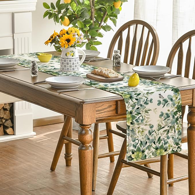 Artoid Mode Green Flowers Floral Eucalyptus Summer Table Runner, Seasonal - Image 4