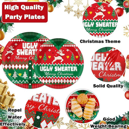 200 Pcs Christmas Ugly Sweater Party Supplies Paper Plates Napkins Xmas Tacky Sweater Tableware Party Decorations Favors for Xmas Birthday Winter Holiday Serves 50