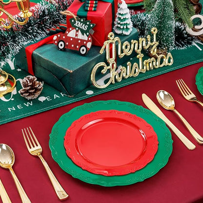 U-QE 100Pcs Christmas Plastic Plates - Green and Red Plate Disposable for Party, Plastic Christmas Plates Disposable Include 50 Red Dessert Plate, 50 Green Dinner Plate Suite for Party