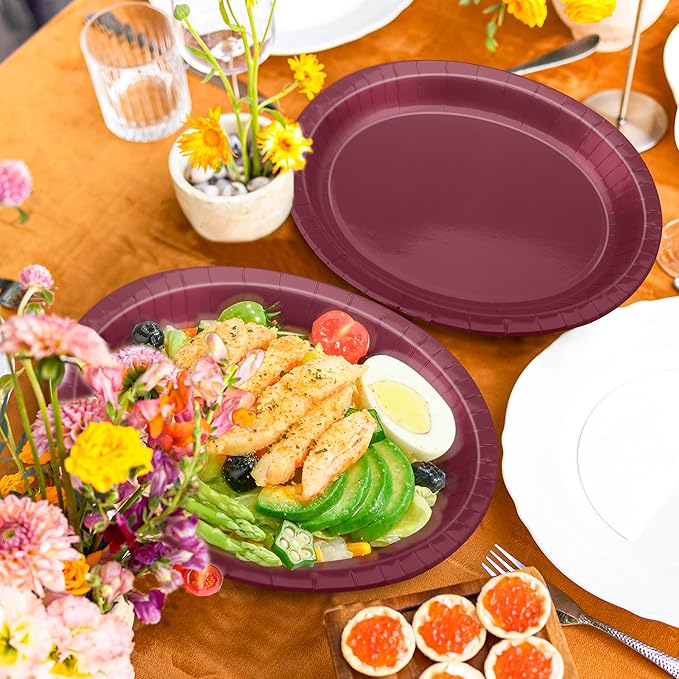 QZYL 50 Count Large Paper Plates, 12.2'' X 10.2'' Oval Wine Red Disposable Paper Plates Daily Dinner Plates Heavy Duty Paper Plates Party Decorations for Birthday Wedding Formal Dinner Holiday