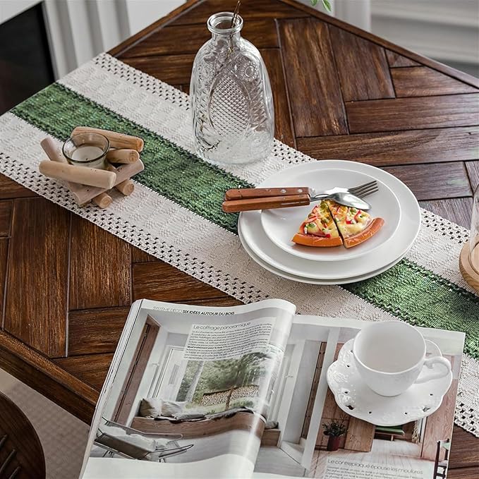 Macrame Table Runner Cream Beige and Green Boho Table Runners - Image 2