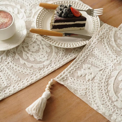 Table Runner Embroidered Farmhouse Dresser Scarf, 4 Tassel Pendants, - Image 6