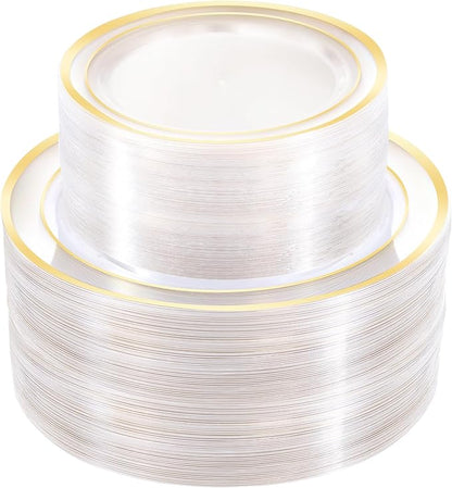 200 PCS Clear Gold Plastic Plates, Gold Rimmed Disposable Party Plates Include 100 Dinner Plate and 100 Dessert Plate Perfect for Party, Holiday, Birthday, Wedding