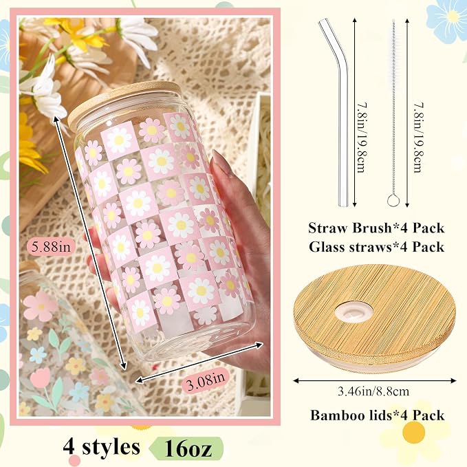 Mumufy 4 Pack Wildflower Glass Cups Gift Aesthetic Cute Glass Cup Tumbler - Image 2
