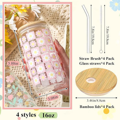 Mumufy 4 Pack Wildflower Glass Cups Gift Aesthetic Cute Glass Cup Tumbler - Image 2