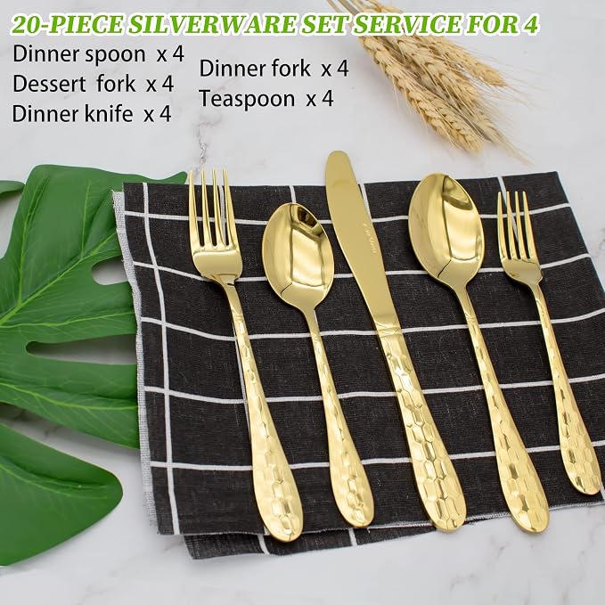 20 Piece Silverware Set for 4, Hammered Silverware Set 18/10 Stainless Steel - Image 3