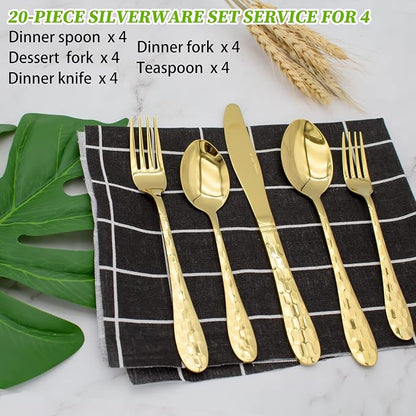 20 Piece Silverware Set for 4, Hammered Silverware Set 18/10 Stainless Steel - Image 3