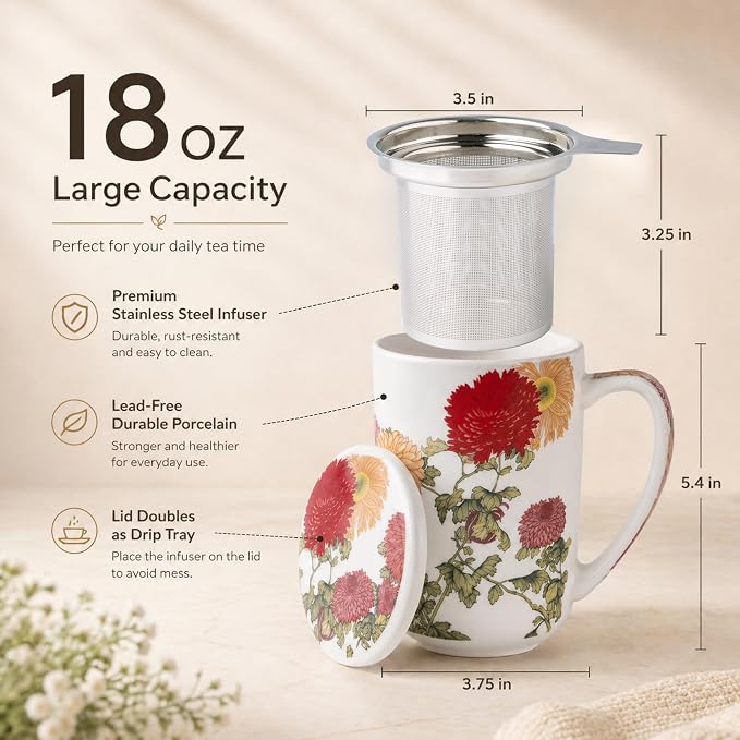AmorArc Tea Cup With Infuser and Lid, 18oz Loose Leaf Tea Mug With Steeper | - Image 3