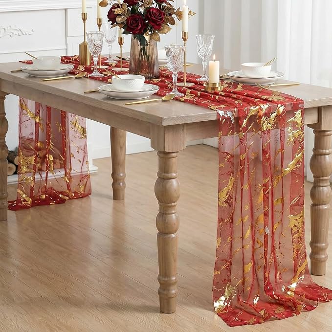 Artoid Mode Marble Pattern Red Gauze Table Runner 10FT, Glitter Metallic Foil - Image 3