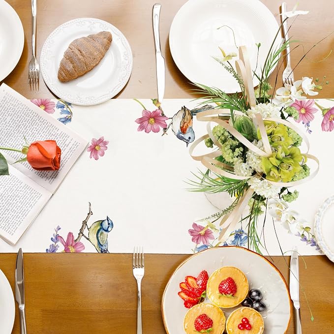 Summer Garden Floral Table Runner Rustic Birds Burlap Table Runners, Spring - Image 8