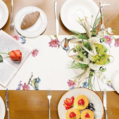 Summer Garden Floral Table Runner Rustic Birds Burlap Table Runners, Spring - Image 8