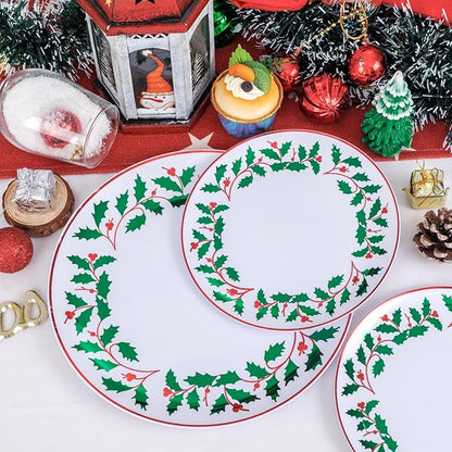 KIRE 150PCS Christmas Plates Disposable - Christmas Plates Dinnerware - White Plastic Plates With Berry And Leaves Design, Red Plastic Silverware And Cups With Red Rim For Christmas Party Supplies