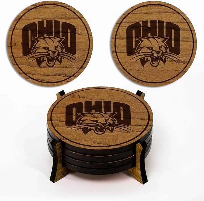 LazerEdge Ohio Bobcats Wooden Coaster Set - Cherry Wood - Officially Licensed Product - 4-Pack