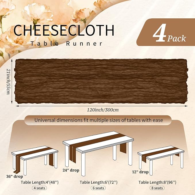 4 Pack Cheesecloth Table Runner 10FT Brown Table Runner Boho Gauze Cheese Cloth - Image 2