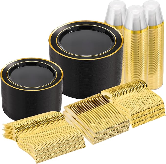 600 Pieces Black Plates for 100 Guests | Include: Dinnerware Set of 100 Dinner by GoodLuck