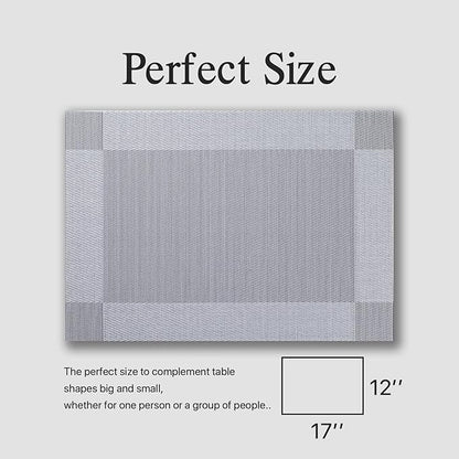 Placemats Set of 12 - Easy Clean Woven Vinyl Placemats for Dining Table, Indoor/Outdoor Place Mats, Washable PVC Table Mats （Silver Cube）