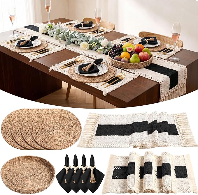 4 Sets Boho Decoration Placemats Round Woven Placemats, Cloth Napkins, Wood by Gandeer
