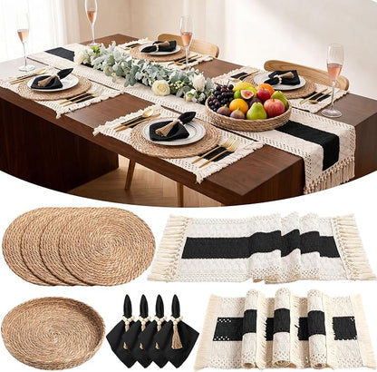 4 Sets Boho Decoration Placemats Round Woven Placemats, Cloth Napkins, Wood by Gandeer