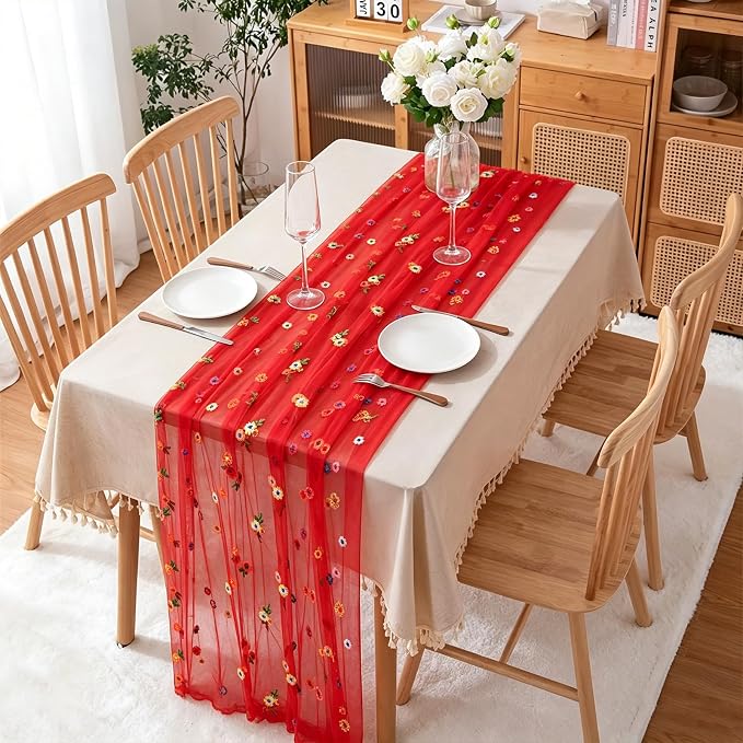 BINBE 3pcs Daisy Spring Table Runner Embroidery Gauze 10FT Florals Seasonal - Image 3