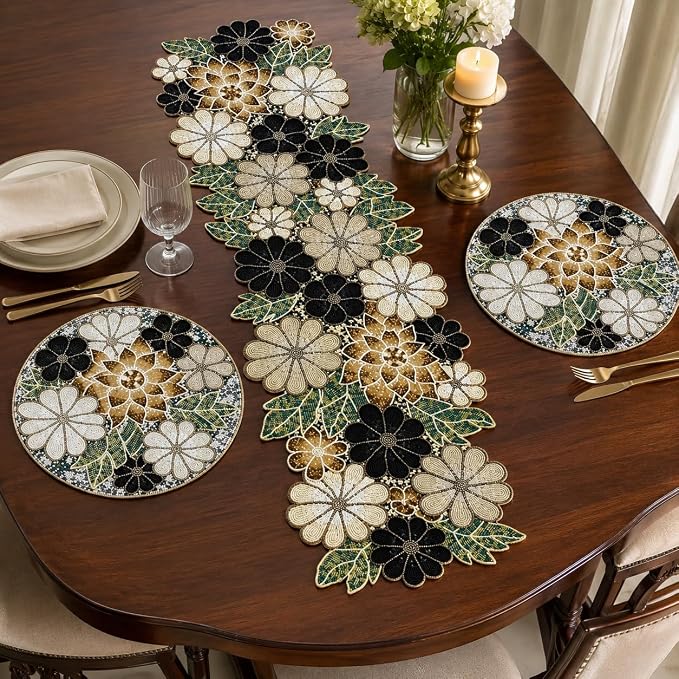 Beaded Table Runner Decore 36 inches Long Christmas Flower Design Beaded Table - Image 8
