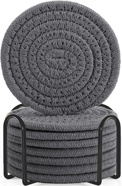 ABenkle 8 Pcs Drink Coasters with Holder, Cotton Woven Absorbent Coasters for Drinks, Minimalist Home Decor Coaster Set for Wooden Tabletop Protection Table, 4.3 inches Grey