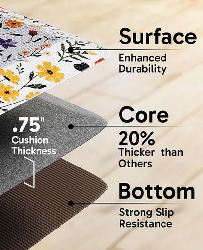 Ophanie Kitchen Mats for Floor, 3/4 inch Thick, 20x39 Anti Fatigue Cushioned Mat, Kitchen Rugs, Waterproof, Comfort Ergonomic Standing Mat for Office, Home, Sink, White Flower Non-Slip Ridged Bottom