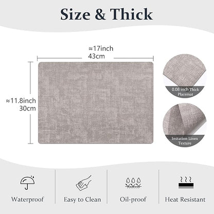 FROMHEART Faux Leather Placemats Set of 6–Waterproof,Heat/Oil Stain-Resistant PU Table Mat–Reversible,Non-Slip,Easy to Clean Place Mats for Kitchen,Dining,Indoor/Outdoor,(Light Grey,11.8" x 17")