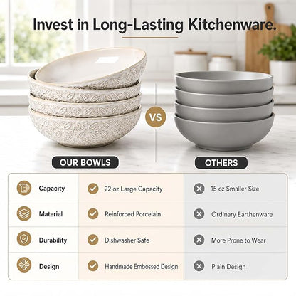 22 Oz Pasta Bowls Set of 4, Large Ceramic Serving Bowls, 8 inch Porcelain - Image 9