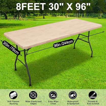 Smiry Rectangle Table Cloth Cover, Waterproof Elastic Fitted Picnic Tablecloth for 8 Foot Tables, Wipeable Flannel Backed Vinyl Tablecloths for Camping, Dining, Outdoor (Beige Wood, 30" x 96")