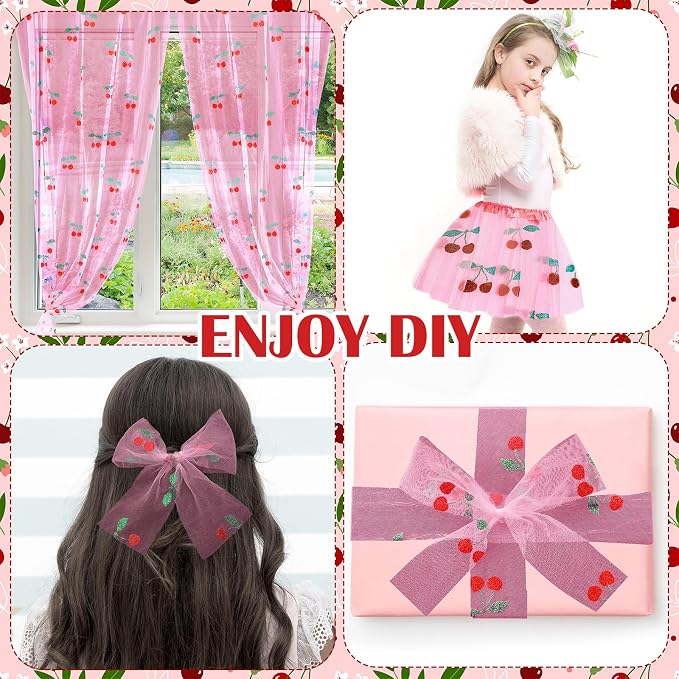 4 Pcs Cherry Table Runner 29 x 70 inch Pink Glitter Tulle Lace Cloth Rectangle - Image 3