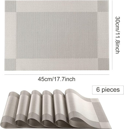 Placemats, Place Mats for Kitchen Dining Table, Heat-Resistant Anti-Skid Stain Washable PVC Table Mats, Easy to Cleaning Woven Vinyl Dinner Mats (Silver, 6 Pack)