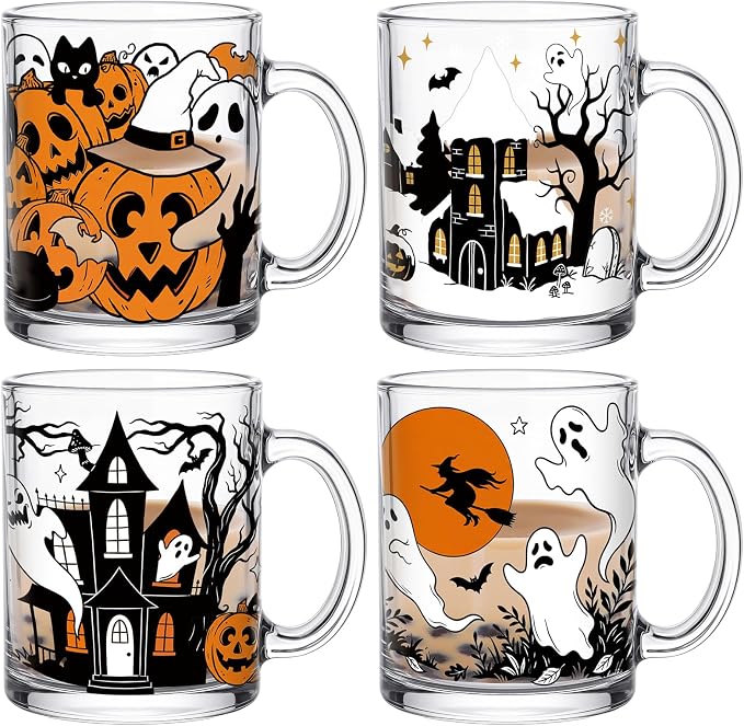 Tioncy 4 Pcs Halloween Ghost Coffee Mugs 12 oz Scary Pumpkin Glass Cups by Tioncy