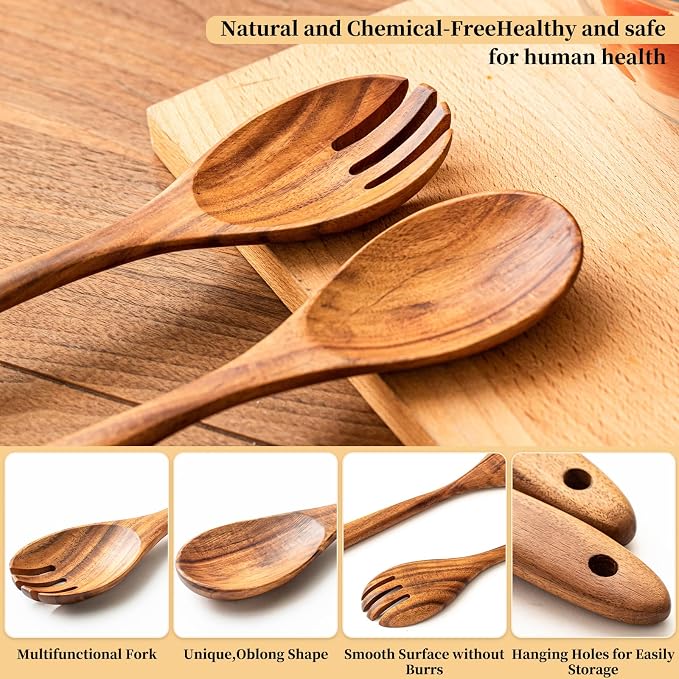 Gudamaye Acacia Wooden Salad Server Set, 13 inch Salad Tongs - Image 3