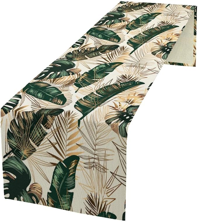 Gold Tropical Leaves Table Runner Jungle Green Plam Leaves Retro Boho Hawaii by moderw