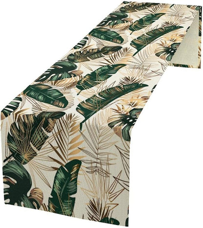 Gold Tropical Leaves Table Runner Jungle Green Plam Leaves Retro Boho Hawaii by moderw