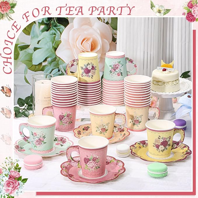24 Sets Vintage Floral Tea Party Cups 7 OZ Disposable Paper Cups - Image 4