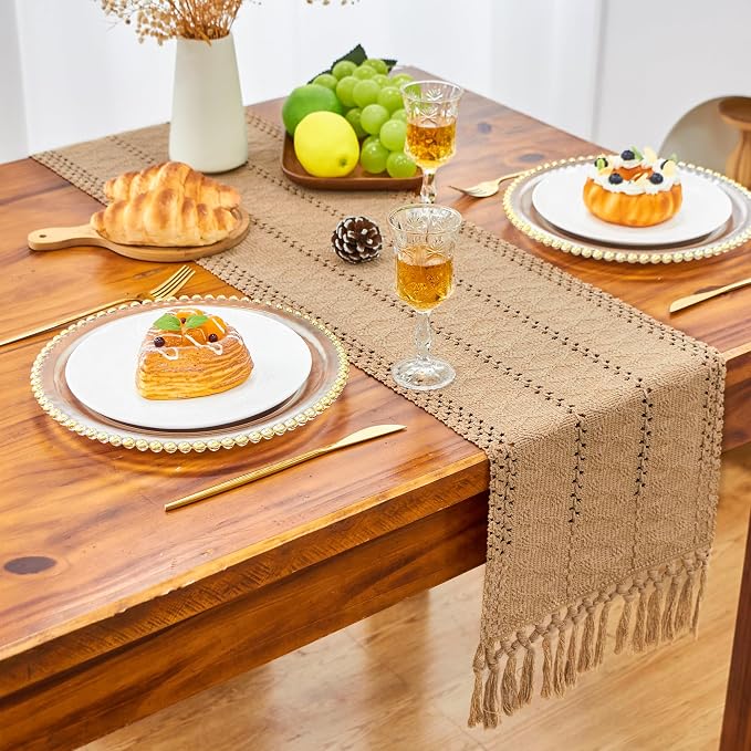 Boho Table Runner Fall Burlap Brown Coffee Table Decor 12x72 Inch | 72 Inches - Image 4