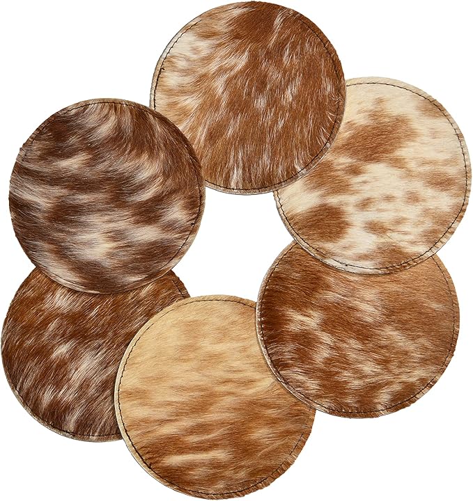 NGF Cowhide Coaster Set of 6 pcs Natural Cowhide Drink Coasters Hair On Round - Image 2