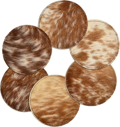 NGF Cowhide Coaster Set of 6 pcs Natural Cowhide Drink Coasters Hair On Round - Image 2