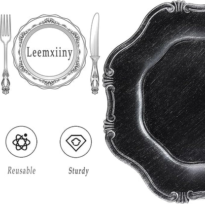 Black Charger Plates Set of 6, Decorative Table Plastic Chargers for Dinner Plates, Party, Wedding, Thanksgiving, Christmas, 22B