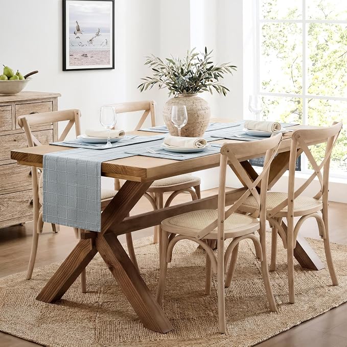 Linen Checked Farmhouse Table Runner, 13x108 Inches Chambray | Raised Grid - Image 3
