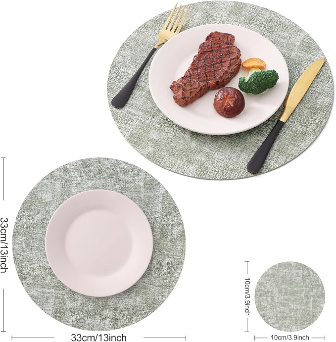 Homaxy Round Faux Leather Placemats and Coasters, Grass Green | Washable - Image 6