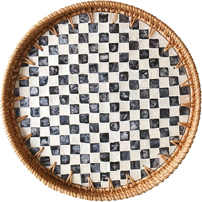 Round Rattan Tray with Mother of Pearl Inlay, Wooden Base | Coffee Table by Unknown