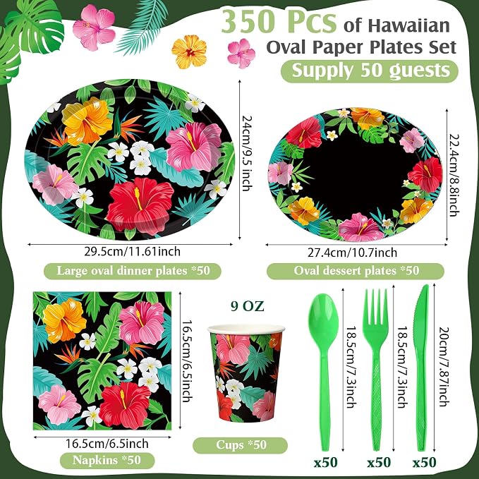 350 Pcs Hawaiian Luau Party Supplies 12 in Disposable Tropical Aloha Oval - Image 3
