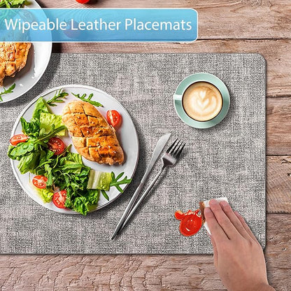 Placemats Set of 12 Washable, Heat Resistant Table Placemats Wipeable Faux Leather Place Mats Non Slip, Waterproof Square Table Mats for Indoor Outdoor, Light Grey