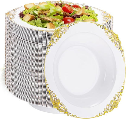 100PCS Gold Plastic Bowls - 12 oz White Disposable Salad Bowls - Heavy Duty Soup Serving Bowl - Fancy Plastic Ice Cream Bowl for Parties, Dinners, Catering, Picnics