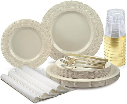 " OCCASIONS " 320pcs set (40 Guests)-Extra Heavyweight Vintage Wedding Disposable/Reusable Plastic Plates 40 x 11'' + 40 x 8.25''+Silverware+Cups+Napkins (Chateau Collection Ivory)