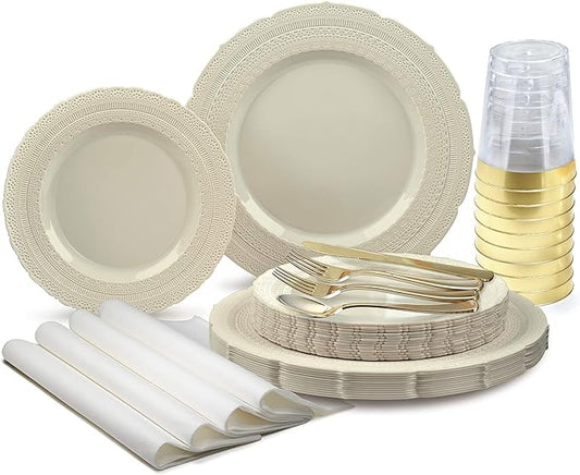 " OCCASIONS " 200pcs set (25 Guests)-Extra Heavyweight Vintage Wedding Disposable/Reusable Plastic Plates 25 x 11'' + 25 x 8.25''+Silverware+Cups+Napkins (Chateau Collection Ivory)