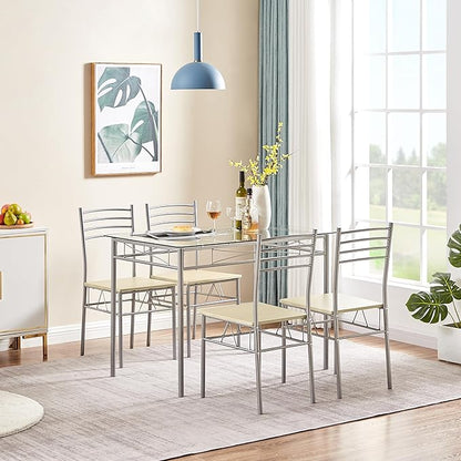 VECELO Dining Table Set for 4, 5-Piece Glass Kitchen Table with Chairs for Small Space, Breakfast Nook, Space-Saving, Silver